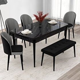 Canisa Jul Serisi 80x132 Açılabilir Siyah Mermer Desen Mutfak Masası Takımı ve 4 Kazayağı Desen Sandalye ve 1 Bench
