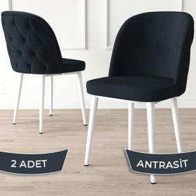 Canisa Kage Serisi 2 Adet Antrasit 1. Sınıf Babyface Kumaş Kapitoneli Beyaz Metal Ayaklı Yemek Odası Sandalyesi