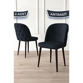 Canisa Kage Serisi 2 Adet Antrasit 1. Sınıf Babyface Kumaş Kapitoneli Kahve Metal Ayaklı Yemek Odası Sandalyesi