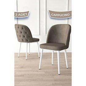 Canisa Kage Serisi 2 Adet Cappucino 1. Sınıf Babyface Kumaş Kapitoneli Beyaz Metal Ayaklı Yemek Odası Sandalyesi