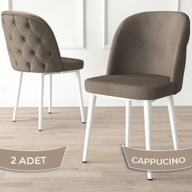 Canisa Kage Serisi 2 Adet Cappucino 1. Sınıf Babyface Kumaş Kapitoneli Beyaz Metal Ayaklı Yemek Odası Sandalyesi