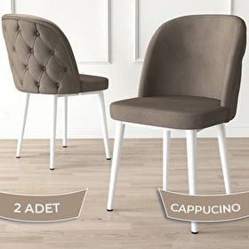 Canisa Kage Serisi 2 Adet Cappucino 1. Sınıf Babyface Kumaş Kapitoneli Beyaz Metal Ayaklı Yemek Odası Sandalyesi