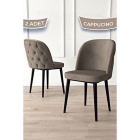 Canisa Kage Serisi 2 Adet Cappucino 1. Sınıf Babyface Kumaş Kapitoneli Siyah Metal Ayaklı Yemek Odası Sandalyesi