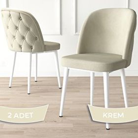 Canisa Kage Serisi 2 Adet Krem 1. Sınıf Babyface Kumaş Kapitoneli Beyaz Metal Ayaklı Yemek Odası Sandalyesi