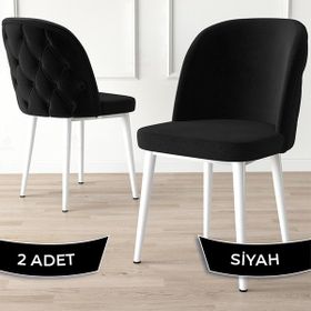 Canisa Kage Serisi 2 Adet Siyah 1. Sınıf Babyface Kumaş Kapitoneli Beyaz Metal Ayaklı Yemek Odası Sandalyesi