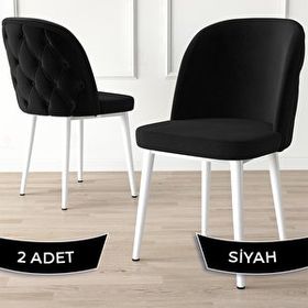 Canisa Kage Serisi 2 Adet Siyah 1. Sınıf Babyface Kumaş Kapitoneli Beyaz Metal Ayaklı Yemek Odası Sandalyesi