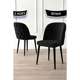 Canisa Kage Serisi 2 Adet Siyah 1. Sınıf Babyface Kumaş Kapitoneli Siyah Metal Ayaklı Yemek Odası Sandalyesi