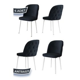 Canisa Kage Serisi 4 Adet Antrasit 1. Sınıf Babyface Kumaş Kapitoneli Beyaz Metal Ayaklı Yemek Odası Sandalyesi