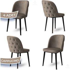 Canisa Kage Serisi 4 Adet Cappucino 1. Sınıf Babyface Kumaş Kapitoneli Siyah Metal Ayaklı Yemek Odası Sandalyesi