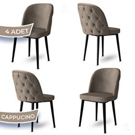Canisa Kage Serisi 4 Adet Cappucino 1. Sınıf Babyface Kumaş Kapitoneli Siyah Metal Ayaklı Yemek Odası Sandalyesi