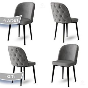 Canisa Kage Serisi 4 Adet Gri 1. Sınıf Babyface Kumaş Kapitoneli Siyah Metal Ayaklı Yemek Odası Sandalyesi