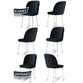 Canisa Kage Serisi 6 Adet Antrasit 1. Sınıf Babyface Kumaş Kapitoneli Beyaz Metal Ayaklı Yemek Odası Sandalyesi