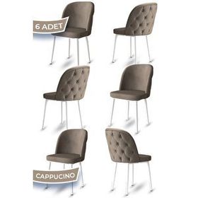 Canisa Kage Serisi 6 Adet Cappucino 1. Sınıf Babyface Kumaş Kapitoneli Beyaz Metal Ayaklı Yemek Odası Sandalyesi