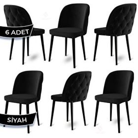 Canisa Kage Serisi 6 Adet Siyah 1. Sınıf Babyface Kumaş Kapitoneli Siyah Metal Ayaklı Yemek Odası Sandalyesi