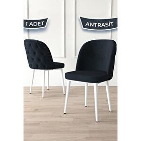 Canisa Kage Serisi Antrasit 1. Sınıf Babyface Kumaş Kapitoneli Beyaz Metal Ayaklı Yemek Odası Sandalyesi