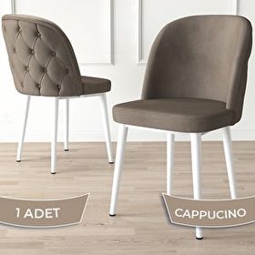 Canisa Kage Serisi Cappucino 1. Sınıf Babyface Kumaş Kapitoneli Beyaz Metal Ayaklı Yemek Odası Sandalyesi