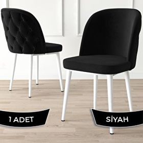 Canisa Kage Serisi Siyah 1. Sınıf Babyface Kumaş Kapitoneli Beyaz Metal Ayaklı Yemek Odası Sandalyesi