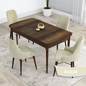Canisa Kar Serisi 80x132 Açılabilir Mdf Barok Ahşap Desen Masa Takımı ve 4 Adet Krem Sandalye