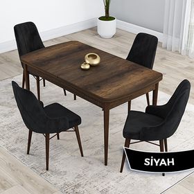 Canisa Kar Serisi 80x132 Açılabilir Mdf Barok Ahşap Desen Masa Takımı ve 4 Adet Siyah Sandalye
