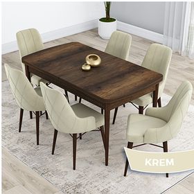 Canisa Kar Serisi 80x132 Açılabilir Mdf Barok Ahşap Desen Masa Takımı ve 6 Adet Krem Sandalye