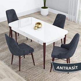 Canisa Kar Serisi 80x132 Açılabilir Mdf Beyaz Ceviz Ayak Masa Takımı ve 4 Adet Antrasit Sandalye