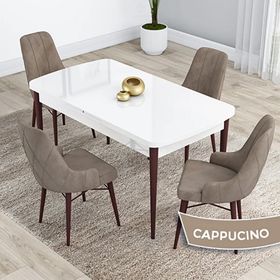 Canisa Kar Serisi 80x132 Açılabilir Mdf Beyaz Ceviz Ayak Masa Takımı ve 4 Adet Cappucino Sandalye