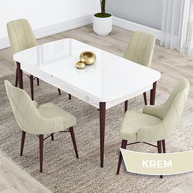 Canisa Kar Serisi 80x132 Açılabilir Mdf Beyaz Ceviz Ayak Masa Takımı ve 4 Adet Krem Sandalye