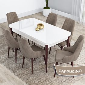 Canisa Kar Serisi 80x132 Açılabilir Mdf Beyaz Ceviz Ayak Masa Takımı ve 6 Adet Cappucino Sandalye