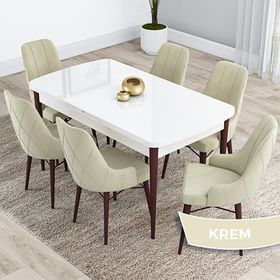 Canisa Kar Serisi 80x132 Açılabilir Mdf Beyaz Ceviz Ayak Masa Takımı ve 6 Adet Krem Sandaly