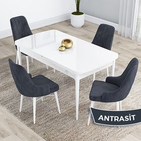 Canisa Kar Serisi 80x132 Açılabilir Mdf Beyaz Masa Takımı ve 4 Adet Antrasit Sandalye