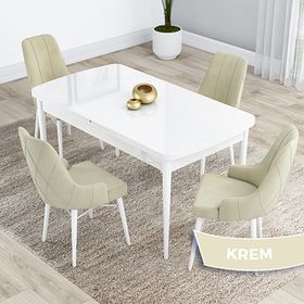 Canisa Kar Serisi 80x132 Açılabilir Mdf Beyaz Masa Takımı ve 4 Adet Krem Sandalye