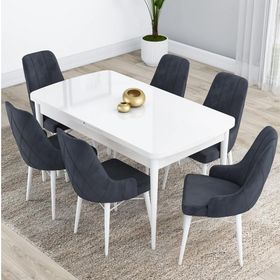Canisa Kar Serisi 80x132 Açılabilir Mdf Beyaz Masa Takımı ve 6 Adet Antrasit Sandalye