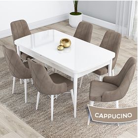 Canisa Kar Serisi 80x132 Açılabilir Mdf Beyaz Masa Takımı ve 6 Adet Cappucino Sandalye