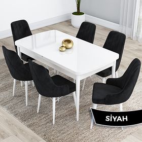 Canisa Kar Serisi 80x132 Açılabilir Mdf Beyaz Masa Takımı ve 6 Adet Siyah Sandalye