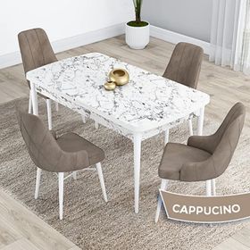 Canisa Kar Serisi 80x132 Açılabilir Mdf Beyaz Mermer Desen Masa Takımı ve 4 Adet Cappucino Sandalye