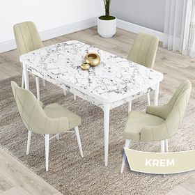Canisa Kar Serisi 80x132 Açılabilir Mdf Beyaz Mermer Desen Masa Takımı ve 4 Adet Krem Sandalye