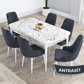 Canisa Kar Serisi 80x132 Açılabilir Mdf Beyaz Mermer Desen Masa Takımı ve 6 Adet Antrasit Sandalye