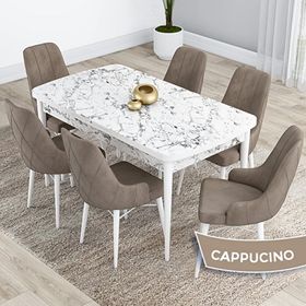 Canisa Kar Serisi 80x132 Açılabilir Mdf Beyaz Mermer Desen Masa Takımı ve 6 Adet Cappucino Sandalye