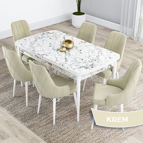 Canisa Kar Serisi 80x132 Açılabilir Mdf Beyaz Mermer Desen Masa Takımı ve 6 Adet Krem Sandalye
