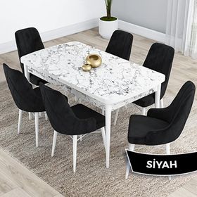 Canisa Kar Serisi 80x132 Açılabilir Mdf Beyaz Mermer Desen Masa Takımı ve 6 Adet Siyah Sandalye
