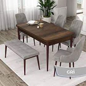 Canisa Kar Serisi 80x132 Açılabilir Mdf Siyah Mermer Desen 4 Gri Sandalye ve 1 Bench Gri Masa Takımı