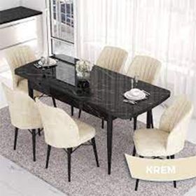 Canisa Kar Serisi 80x132 Açılabilir Mdf Siyah Mermer Desen 4 Krem Sandalye ve 1 Bench Krem Masa Takımı
