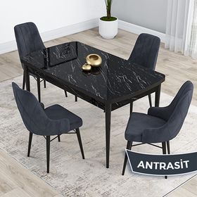 Canisa Kar Serisi 80x132 Açılabilir Mdf Siyah Mermer Desen Masa Takımı ve 4 Adet Antrasit Sandalye