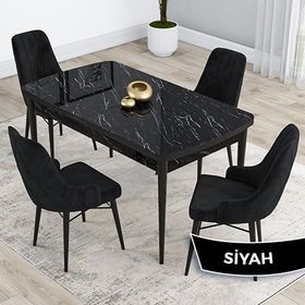 Canisa Kar Serisi 80x132 Açılabilir Mdf Siyah Mermer Desen Masa Takımı ve 4 Adet Siyah Sandalye