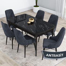 Canisa Kar Serisi 80x132 Açılabilir Mdf Siyah Mermer Desen Masa Takımı ve 6 Adet Antrasit Sandalye
