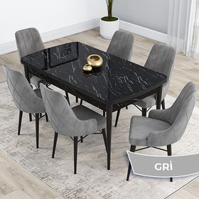 Canisa Kar Serisi 80x132 Açılabilir Mdf Siyah Mermer Desen Masa Takımı ve 6 Adet Gri Sandaly