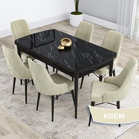 Canisa Kar Serisi 80x132 Açılabilir Mdf Siyah Mermer Desen Masa Takımı ve 6 Adet Krem Sandalye