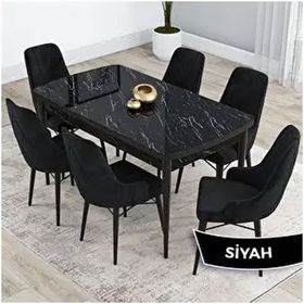 Canisa Kar Serisi 80x132 Açılabilir Mdf Siyah Mermer Desen Masa Takımı ve 6 Adet Siyah Sandalye