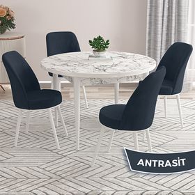 Canisa Kea Serisi Yuvarlak Beyaz Mermer Desen Mutfak Masası Takımı ve 4 Adet Antrasit Sandalye