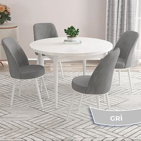 Canisa Kea Serisi Yuvarlak Beyaz Mermer Desen Mutfak Masası Takımı ve 4 Adet Gri Sandalye